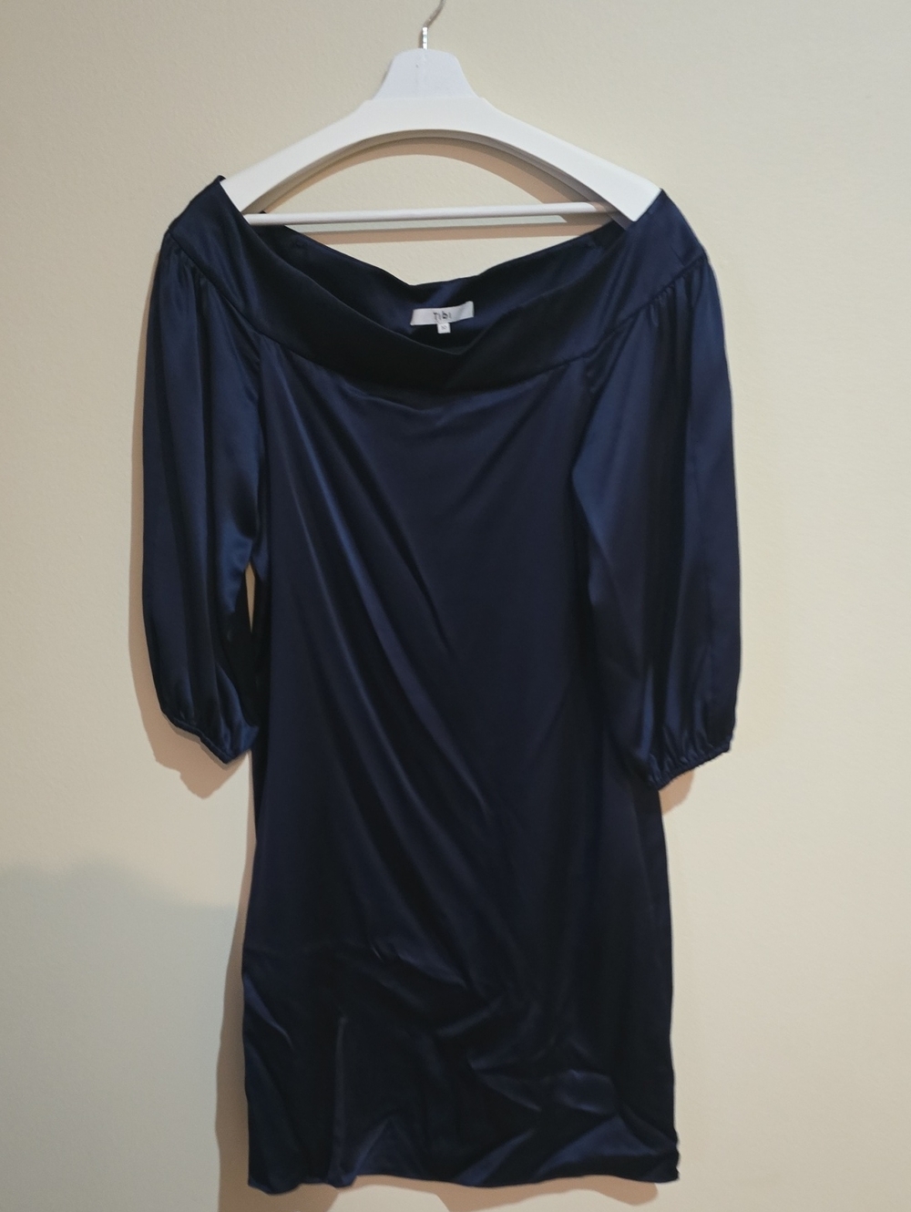 Tibi Navy Off-Shoulder Satin Long-Sleeve Dress
